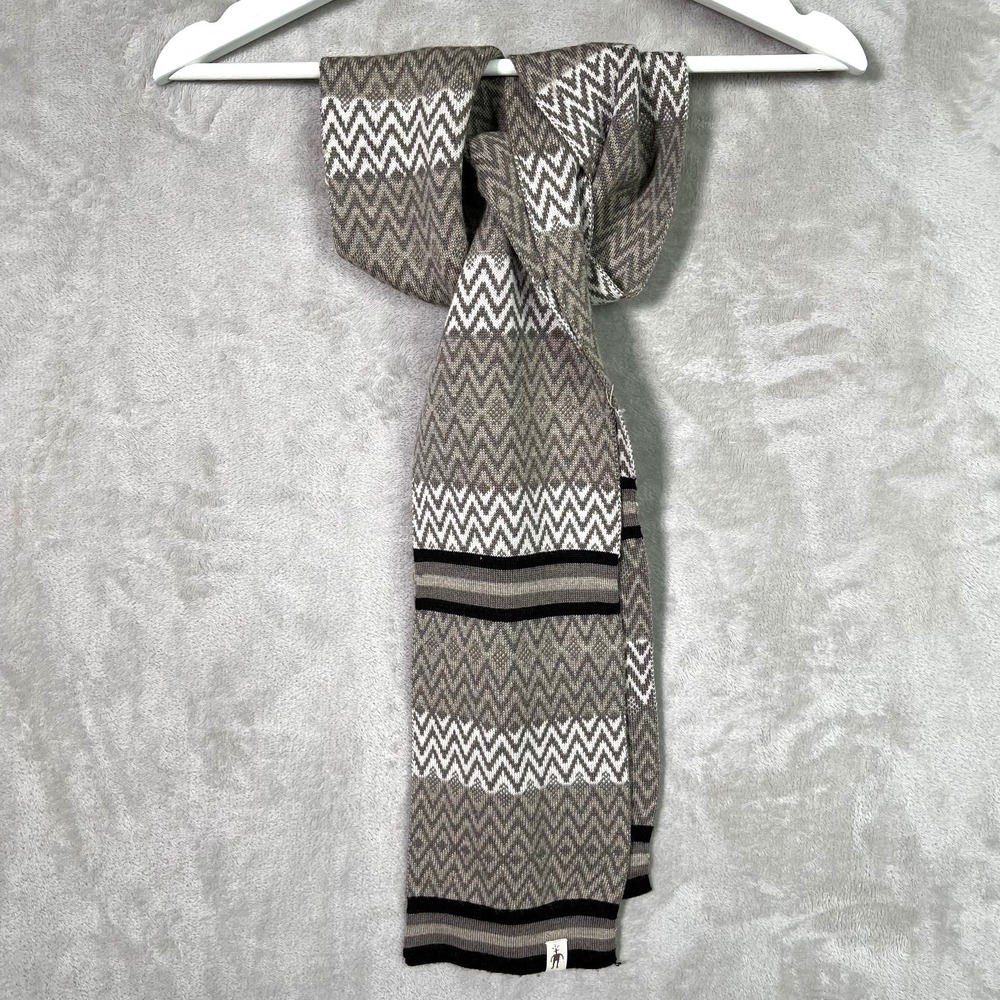 Smartwool Merino Wool Chevron Knit Scarf Gray Beige Nordic Geometric Winter